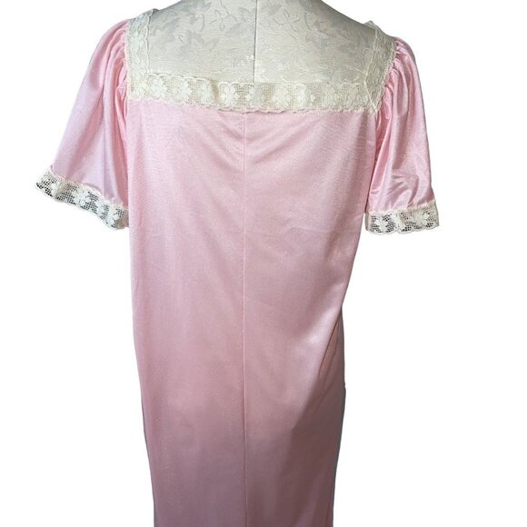 Vintage Womens Nightgown Size Medium Pink Nylon Lace Trim Flutter Sleeve Silky - Picture 10 of 10
